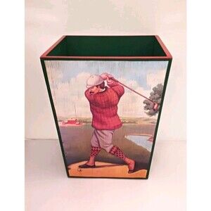 Vtg Golf Theme Gentleman Golfer Green Wooden Waste Basket Trash Can Home Office